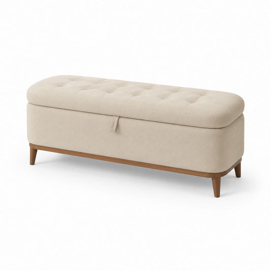 Banc coffre de lit capitonné beige en polyester avec pieds en bois massif 120 x 45 x 45 cm