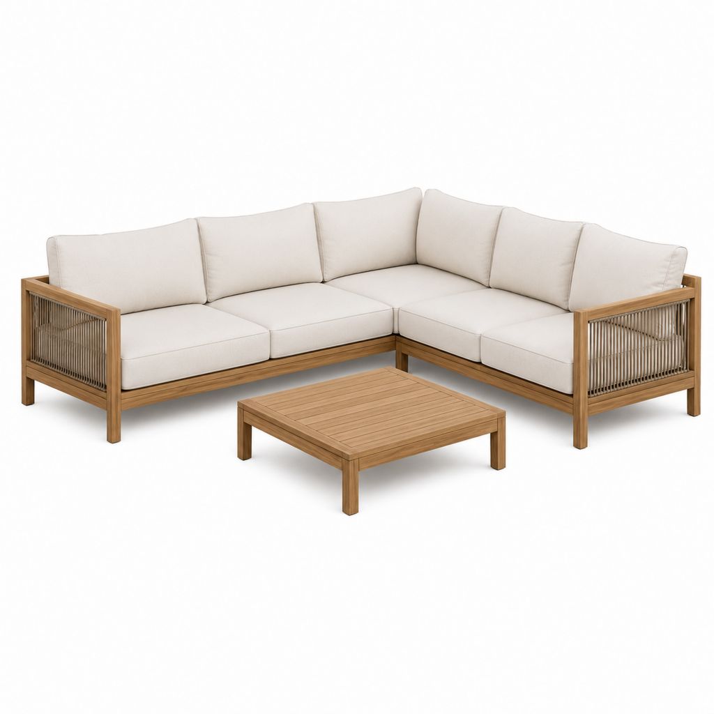 Salon de jardin d'angle 5 places avec table basse beige et bois d'acacia 220 x 220 x 78 cm